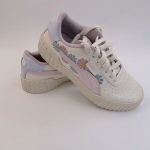 Puma Cali Embroidered Kids Cream and Purple Floral Sneakers